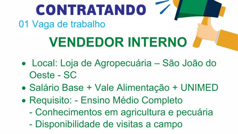 VAGA DE EMPREGO PARA SÃO JOÃO DO OESTE