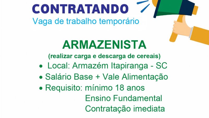 VAGA DE EMPREGO PARA ITAPIRANGA