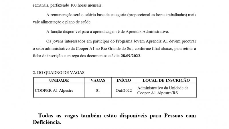 EDITAL PARA JOVEM APRENDIZ - ALPESTRE/RS