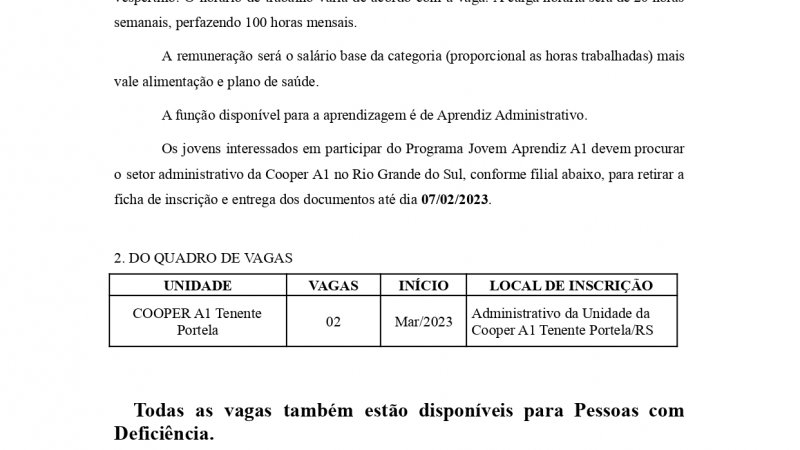 EDITAL JOVEM APRENDIZ TENENTE PORTELA/RS