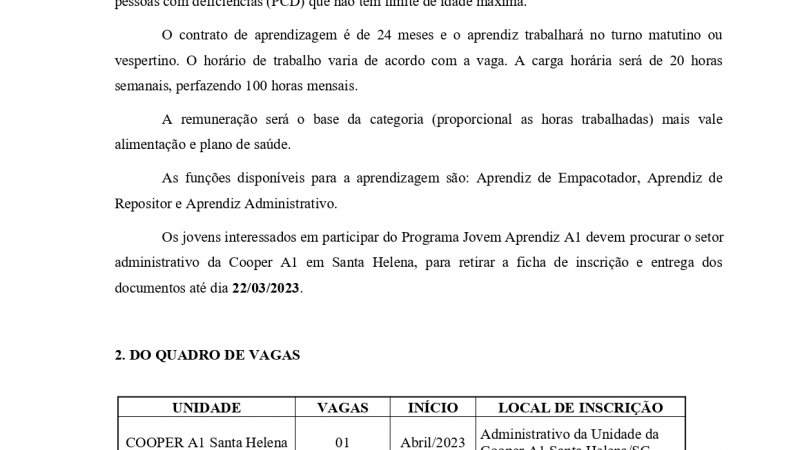 EDITAL: Jovem Aprendiz Santa Helena/SC