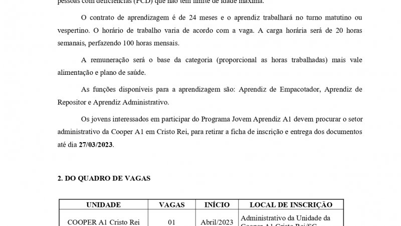 EDITAL: Jovem Aprendiz Cristo Rei/SC