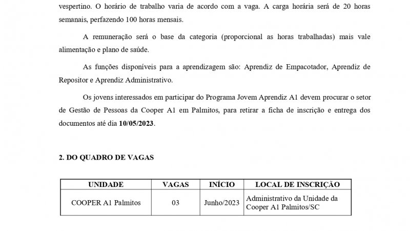 EDITAL JOVEM APRENDIZ PALMITOS/SC