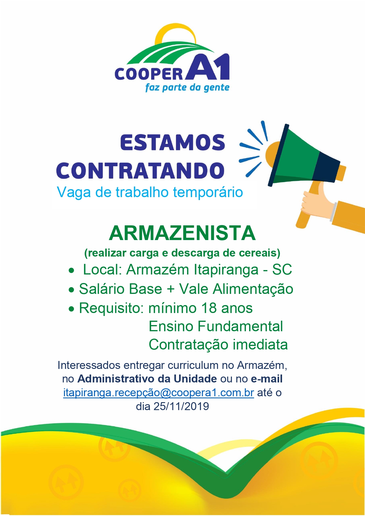 VAGA DE EMPREGO PARA ITAPIRANGA