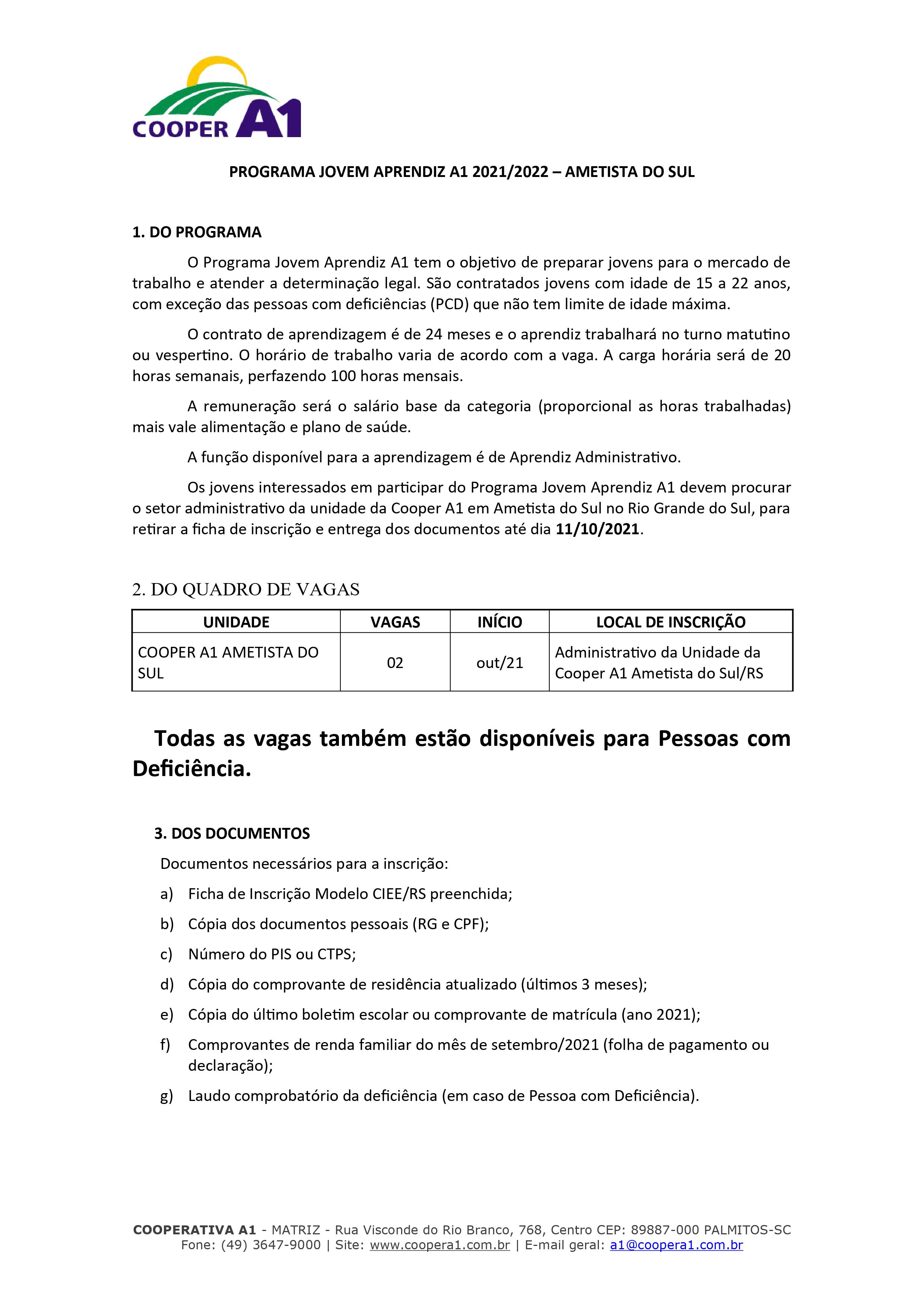 Edital Jovem Aprendiz 2021 - Ametista do Sul