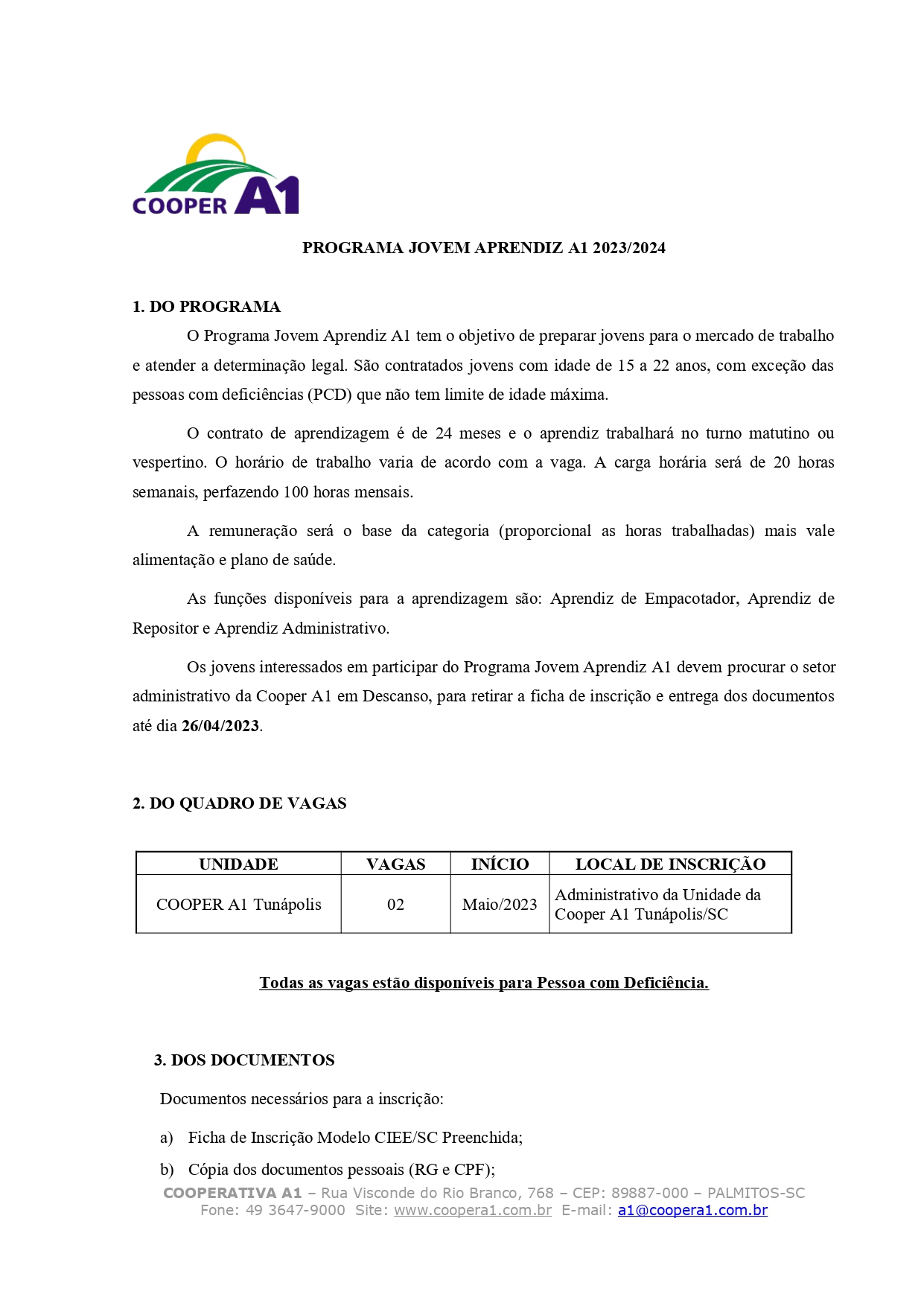 EDITAL JOVEM APRENDIZ TUNÁPOLIS/SC